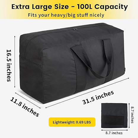 Extra Large Duffle Bag for Travel - 100L Duffel Bag for Men Gear Bag for Storage Foldable Weekender Bag for Overnight Camping - Black
