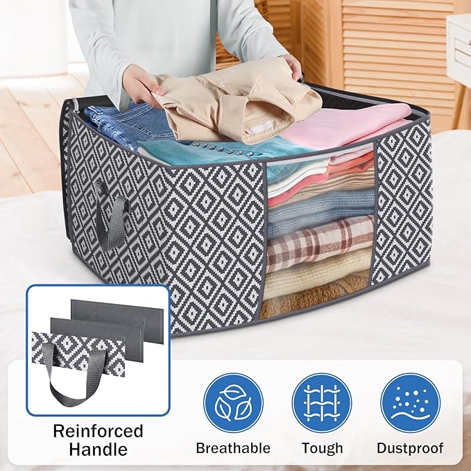 100L Storage Containers, Large Clothes Storage Bins Foldable Organization and Storage Bags with Reinforced Handle, Clear Window for Bedding, Blankets, Clothing, 3 Pack, Grey