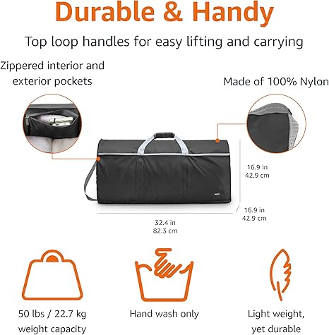 32" Extra Large Foldable Duffle Bag for Travel & Storage, with Exterior/Interior Zippered Pockets, Lightweight/Durable Nylon Material, 50-LBS Capacity, 9254 Cubic Inch (150L), Black