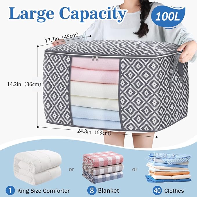100L Storage Containers, Large Clothes Storage Bins Foldable Organization and Storage Bags with Reinforced Handle, Clear Window for Bedding, Blankets, Clothing, 3 Pack, Grey