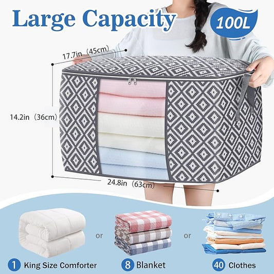 100L Storage Containers, Large Clothes Storage Bins Foldable Organization and Storage Bags with Reinforced Handle, Clear Window for Bedding, Blankets, Clothing, 3 Pack, Grey