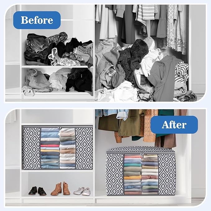 100L Storage Containers, Large Clothes Storage Bins Foldable Organization and Storage Bags with Reinforced Handle, Clear Window for Bedding, Blankets, Clothing, 3 Pack, Grey