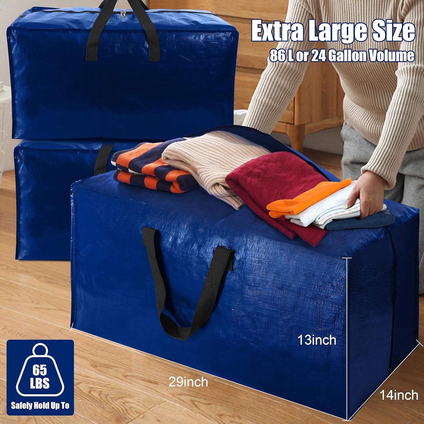 4 Pack Heavy Duty Extra Large Moving Bags with Backpack Straps - Strong Handles & Zippers, Storage Totes For Space Saving, Fold Flat, Alternative to Moving Box (X-Large-Set of 4, Blue)