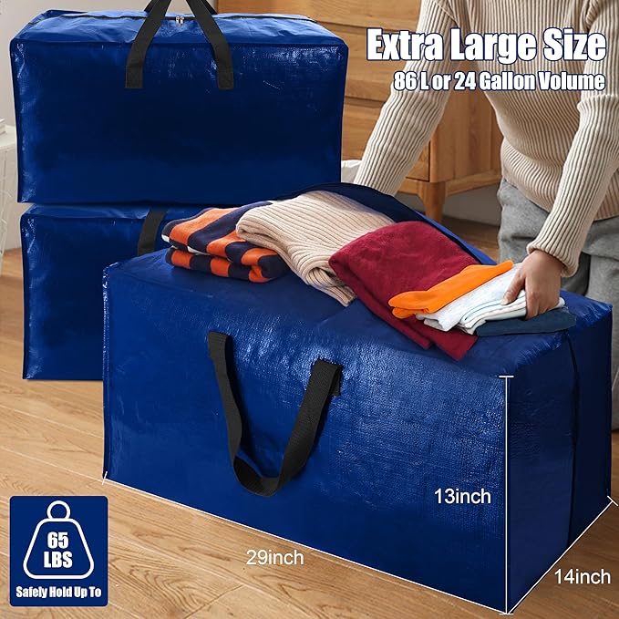 4 Pack Heavy Duty Extra Large Moving Bags with Backpack Straps - Strong Handles & Zippers, Storage Totes For Space Saving, Fold Flat, Alternative to Moving Box (X-Large-Set of 4, Blue)